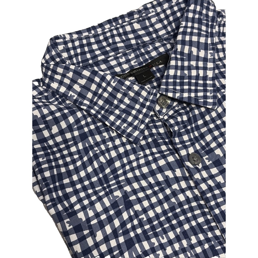 John Varvatos Men's L Short Sleeve Casual Shirt Blue & White Abstract Grid AOP *
